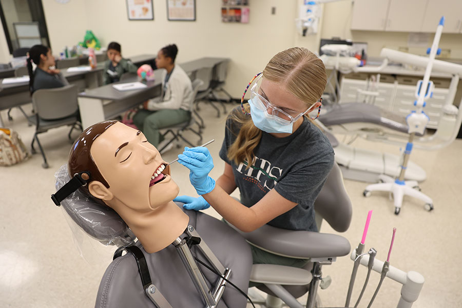 dental assisting student operating simulation equipment