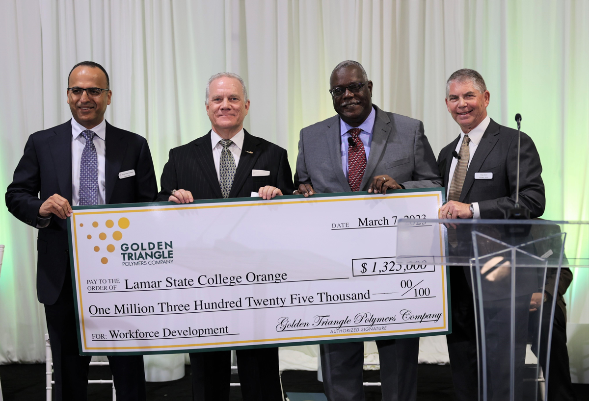 Golden Triangle Polymers donation check to Lamar State College Orange