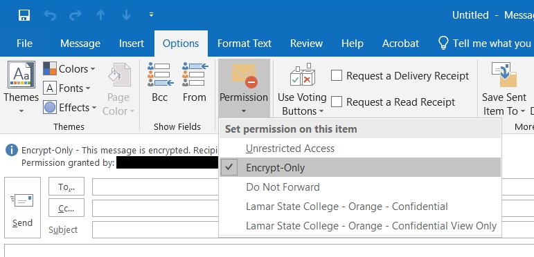 Screen capture of how to set encrypt-only setting in Outlook desktop message